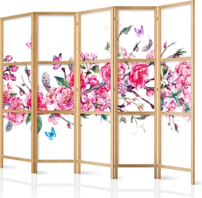 Produktbild von 5-teiliger Einseitiger Vlies Japanischer Paravent - Style: Flowers and Butterflies II 225x172 cm Orient p-B-0003-z-c