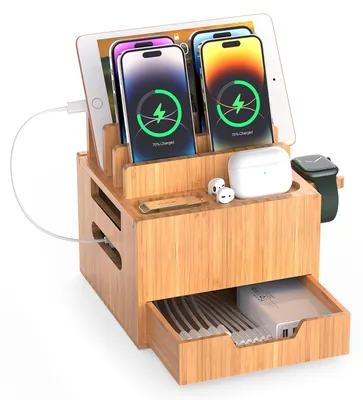 Produktbild von Ladestation Ladestation Handyhalter - Bambus - Für mehrere Geräte - 4 Smartphones und 1 Tablet
