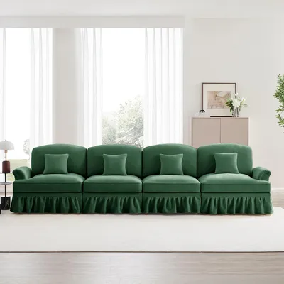 Produktbild von Sweiko Elegantes großes 4-Sitzer Sofa im Mid-Century-Stil aus Chenille mit Trichter-Armlehnen, abnehmbarer Rüschenschürze & spindelförmigen Beinen – Komfortables Wohnzimmer-Sofa,Grün