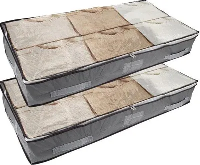 Image de Bacs de rangement sous le lit, 90 L, gris, pliables, 2 pièces, avec couvercle et fenêtre