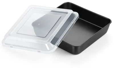 Produktbild von Quadratische Kuchenform mit Deckel, Edelstahl-Backform, rechteckig mit Antihaftbeschichtung, 23,8 x 23,8 x 5 cm, ideal für Kuchen, Brownies und Lasagne, ungiftig, leicht zu reinigen