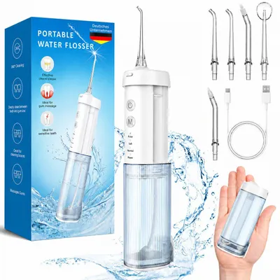 Produktbild von Munddusche Kabellos Zahndusche elektrisch Tragbar 4 Modi & 5 Düsen,360° Drehung 2200 mAh,210ml Wassertank,IPX7 Zahnreiniger Zahnfleisch und Zahnpflege