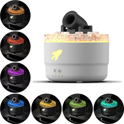 A collage of a humidifier with a cannon on top, showing different LED light colors, and a main image of the humidifier.