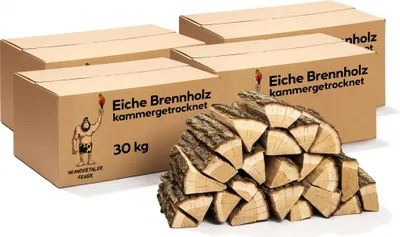 Cardboard boxes labeled with product information and a pile of firewood.
