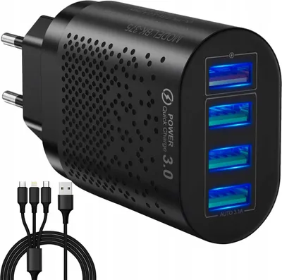 Obrázek produktu pro Rychlonabíječka 4x USB 3.0 Quick Charge + kabel MicroUSB, Lighting, USB-TYP C černá