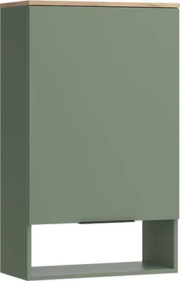 A green wall-mounted cabinet with a wooden top.