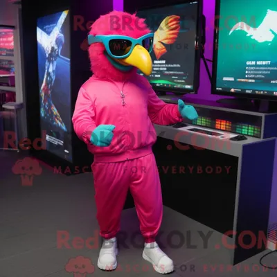 Produktbild von Maskottchen REDBROKOLY eines magentafarbenen Papageis mit Jogginghose und Sonnenbrille