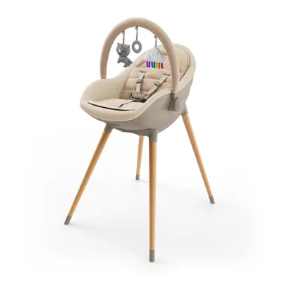 Obrázek produktu pro Dětská židlička Kinderkraft FINI UP 3 v 1, dětská židlička s houpací funkcí, nastavitelný podnos, 5bodový bezpečnostní pás, vložka pro novorozence, dřevěné nohy, béžová
