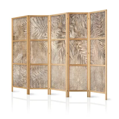 Produktbild von Paravent Blätter XXL 225x171 cm 5-teilig einseitig eleganter Sichtschutz Raumteiler Trennwand Raumtrenner Holz Design Motiv Deko Home Office Botanik Natur Palmblätter b-C-10145-bh-a