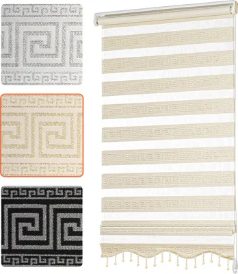 Produktbild von Doppelrollo Klemmfix Duo-Rollo ohne Bohren Mäander Design Ornamente Orientalisch Damask Griechisches Wellen-Muster Weiß Gold 50 x 200 cm (Stoffbreite 46cm)