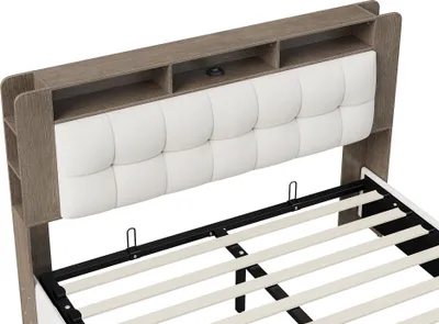 Zdjęcie produktu dla Łóżko tapicerowane 160 x 200 cm z oświetleniem LED i schowkiem, z metalową ramą, beżowe