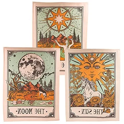 Productafbeelding van Tarot Wandtapijt Set - Muurdecoratie Set - Interieur Verfraaien - Met Stalen Doorvoertules - 3 Delig 38x51cm - Bruin Beige