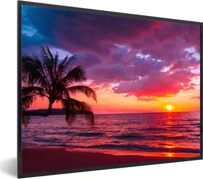 Produktbild von MuchoWow® Gerahmtes Poster Sonne - Horizont - Rosa - Palme - Meer 80x60 cm - Poster mit Schwarzem Bilderrahmen Wandposter Rahmen Foto Bilder - Schwarzem - Mit Gestell
