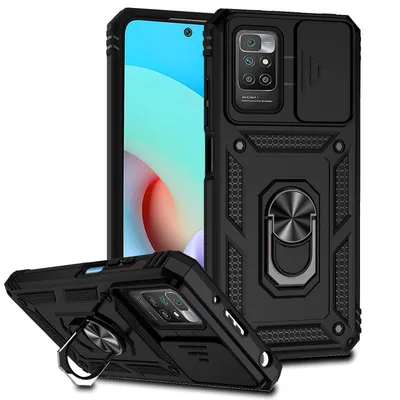 Obrázek produktu pro Pouzdro pro Xiaomi Redmi 10 dvouvrstvé pouzdro s posuvným krytem kamery a prstencovým stojánkem černé