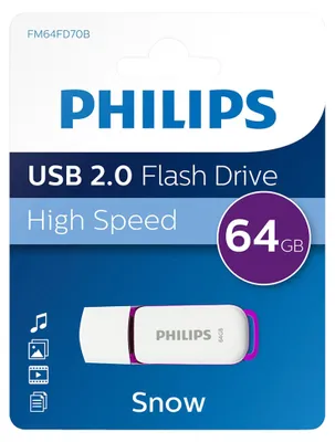 Obrázok produktu pre Philips FM64FD70B, 64 GB, USB Typ-A, 2.0, Čiapky, 8 g, Purpurová, Biela