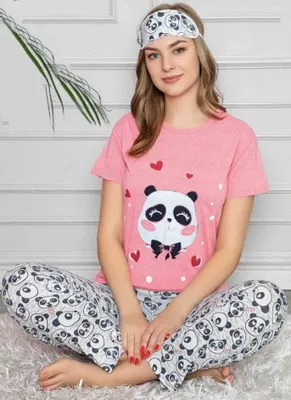 Immagine prodotto di Pigiama da donna rosa corto 3 pezzi con benda per gli occhi L-72