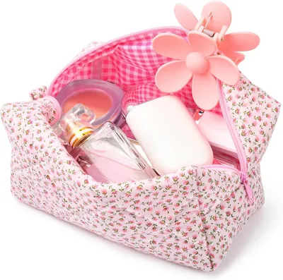 Produktbild von Gesteppte Kosmetiktasche mit Blumenmuster und großem Fassungsvermögen aus weichem Baumwollmaterial für Make-up-Pinsel und Beauty-Utensilien (Rosa)