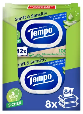 Zdjęcie produktu dla Chusteczki nawilżane do toalety Tempo "Delikatne i Przyjazne dla Skóry" - Megaopack - 16 opakowań