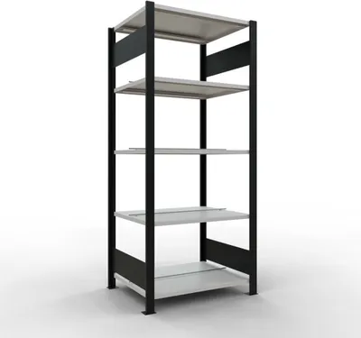 Produktbild von Schulte Büro-Fachbodenregal MULTIplus150 Stecksystem mit Mittelanschlag | Grundregal | Fachlast 150kg | 180x75x60cm | 5 Ebenen | Beidseitig nutzbar | Schwarz/Lichtgrau