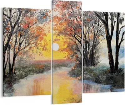Produktbild von Bild auf Leinwand - Leinwandbild - 3 Teile - Fluss Sonne Bäume - 95x80cm - Wand Bild - Wanddeko - Wandbilder - Leinwanddruck - Bilder - Wanddekoration - Leinwand bilder - Wandbild - CB95x80-4190