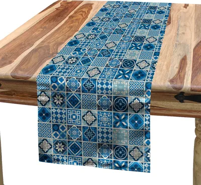 Zdjęcie produktu dla ABAKUHAUS Niebieski bieżnik na stół, kwadraty w stylu kratki z dekoracyjnym motywem kwiatowym i geometrycznym wzorem, 40 x 225 cm, wielokolorowy