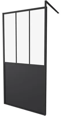 Image de Paroi de douche fixe GELCO, 100x200 cm, aluminium noir mat, verre transparent de 5 mm, réglable de 97,75 à 99,25 cm, avec barre de renfort extensible