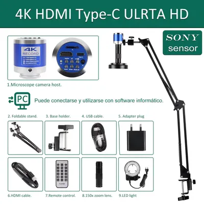 Image de Microscope numérique - 4K HDMI USB IMX415 - Microscope vidéo électronique jusqu'à 150x - Pour le soudage et les circuits imprimés - Avec support et télécommande
