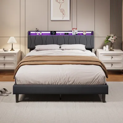 Image de Lit ProximaX 140x200 cm, couleur gris, avec structure équipée de LED RGB, port de charge USB-C, sommier à lattes et tête de lit en tissu