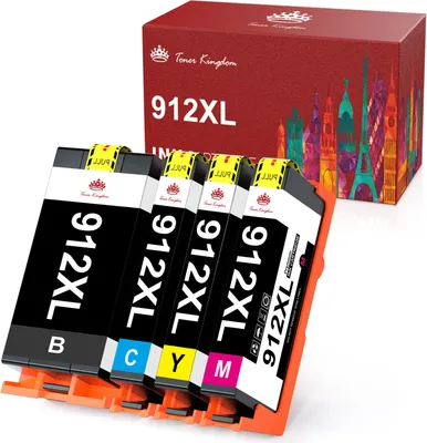 Four ink cartridges are arranged in front of a product box.