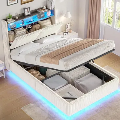 Productafbeelding van Bed 90x200 met hydraulische opbergruimte, kinderbed 90x200 met LED-verlichting en oplaadstation, gestoffeerd eenpersoonsbed met opbergruimte in het hoofdeinde, zonder matras (beige, 90x200 cm)