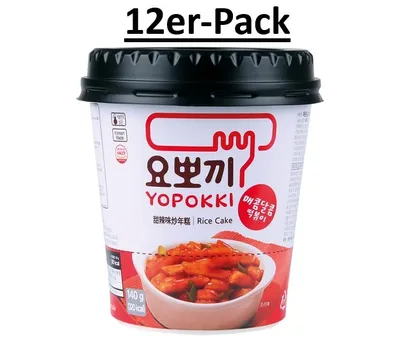 Produktbild von 12er-Pack YOPOKKI Reiskuchen Tteokbokki Topokki Cup – süß & würzig 140g