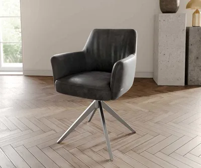 Produktbild von DELIFE Drehstuhl Xana-Flex mit Armlehnen Mikrofaser Anthrazit Vintage Kreuzgestell breit Edelstahl 360° drehbar Taschenfederkern