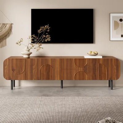Produktbild von Merax TV-Schrank mit 3 Türen 2 Schubladen, TV Lowboard in Mid-Century Design, TV Board mit Metallbeinen und Kabeldurchlass, Nussbaum
