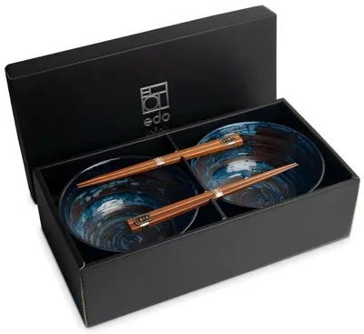 Produktbild von Edo Japan | Udon Schalen Set - Blau - 4 Teile - Mikrowellengeeignet - Keramik