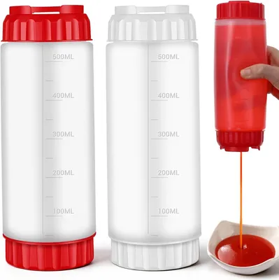 Produktbild von 2 Stück Squeeze Flasche,Quetschflasche mit Kappen,500 ml Plastik Saucenflasche,20oz Würzmittel Flasche,Präzise Dosierflasche,Ketchup Flaschen ür Malen,Backen,Ketchup,Scharfe Soße,Olivenöl