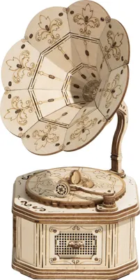 A 3D wooden model of a gramophone.
