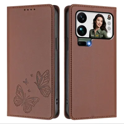 Produktbild von Lederhülle für Xiaomi 17 Pro Max, Schmetterling Prägung Leder Brieftasche Schutzhülle mit Ständer Braun
