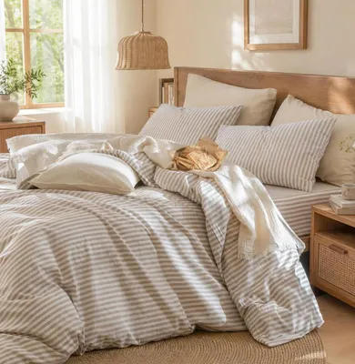 Productafbeelding van TRANKIELO® - Beddengoedset 200x200 cm - 100% katoen - Gestreept beige - Inclusief 2 kussenslopen