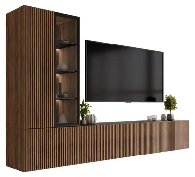 Produktbild von MIRJAN24 Wohnwand Tiwori, Stilvoll Wohnzimmer-Set, TV-Schrank, Modern Mediawand (Nuss Warmia / Nuss Warmia + Marmor Schwarz mit Weißer LED-Beleuchtung)