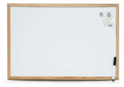 A whiteboard with a wooden frame, a marker, and magnets attached to the top right corner.