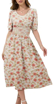 Produktbild von Damen Midi-Kleid Sommer Leichtes Luftiges Lockeres Stylisches Blumen Weiß L