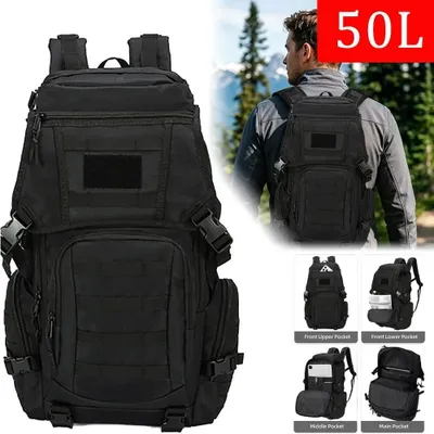 Produktbild von Taktischer Rucksack - Wanderrucksack 50 l - Großes Volumen - Wasserdichtes Nylon - Outdoor Reise Trekking Camping - Schwarz