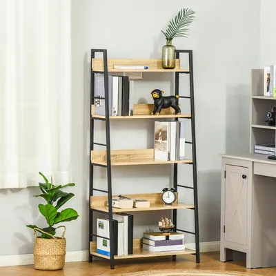 Zdjęcie produktu dla Półka stojąca w stylu industrialnym, 5 półek, wymiary 70x35x150 cm, imitacja drewna dębowego