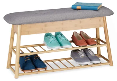 Produktbild von Relaxdays Schuhbank f. 8 Paare, 2 Ablagen, klappbares Sitzpolster, Natur
