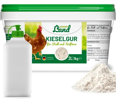 Produktbild von HÜHNER Land Kieselgur, Kieselgur für Hühner 1 kg – reines Kieselgur Pulver mit Stäubeflasche, Kieselerde Pulver, Kieselgur Hühner