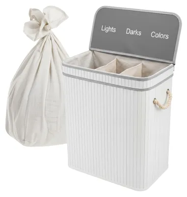 Produktbild von Relaxdays Wäschekorb mit Deckel, 3 Fächer, Bambus, 105 l, faltbar, HxBxT: 63 x 52 x 32 cm, Wäsche Sortiersystem, weiß