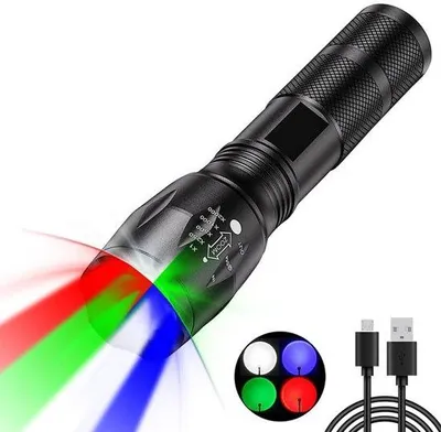 Obrázek produktu pro Multifunkční LED svítilna, 4 barvy, dobíjecí, 4 režimy, červená, bílá, zelená a modrá LED, extrémně jasná, pro venkovní použití