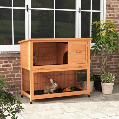 Produktbild von SUGIFT Kaninchenstall 2 Ebenen mit Asphaltdach, Kleintierstall Nagerstall wetterfest, Tannenholz, Orange | 123 x 63 x 112 cm | 2 Bodenwannen | 12 kg