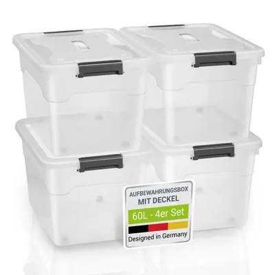 Produktbild von Juskys Aufbewahrungsbox mit Deckel - 4er Set Kunststoff Boxen 60l - Box groß, stapelbar, transparent - Aufbewahrung Ordnungssystem Aufbewahrungsboxen