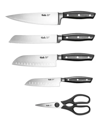 Produktbild von Fissler Messer-Set Santokumesser 13cm+16cm, Brotmesser 18cm, Kochmesser 19cm,Schere 5Tlg (rostfrei, vernietete Griffe, Spülmaschinenfest,Gemüsemesser)